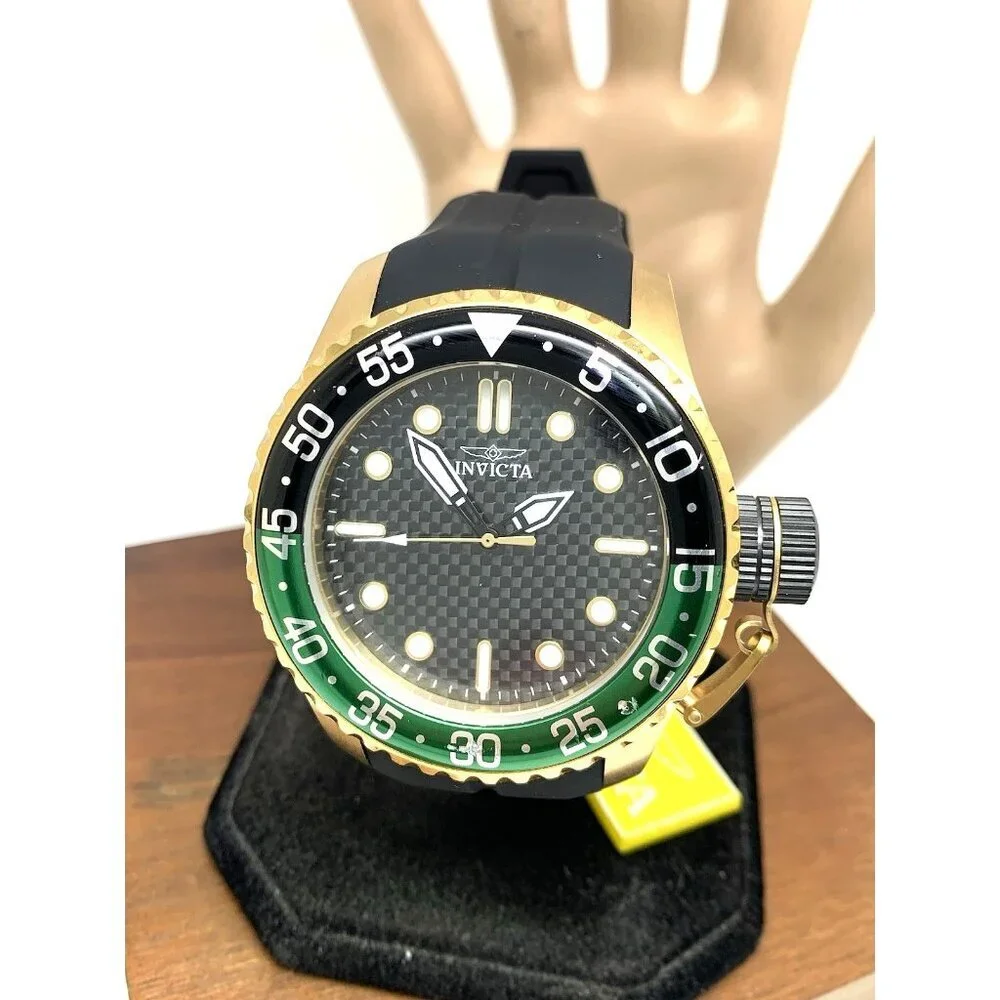Invicta Men's Watch 35661 Pro Diver Quartz Gold Black Green Bezel Rubber Band